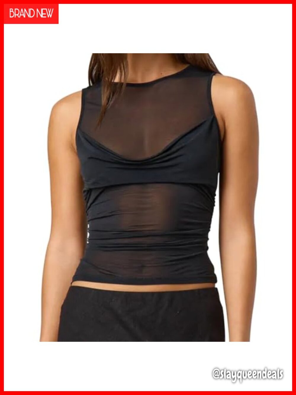 Sheer Mesh Tank Top Sleeveless See Through Ruched Women's Top